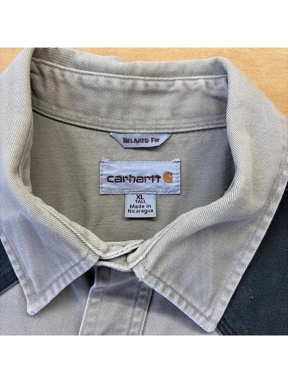 Carhartt Shirt XL Tall Khaki Green Western Pearl Snap Twill Work Men’s KMS - Picture 3 of 8